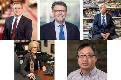 The five Virginia Tech scientists to be named as Fellows of the American Association for the Advancement of Science are (top row, from left) Ronald Fricker, Michael Friedlander, Y.A. Liu, (bottom row, from left) Sharon Landesman Ramey, and Shuhai Xiao.