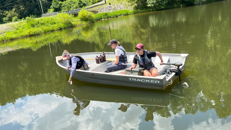 Members of the Carey Lab take samples at the Western Virginia Water Authority reservoir.